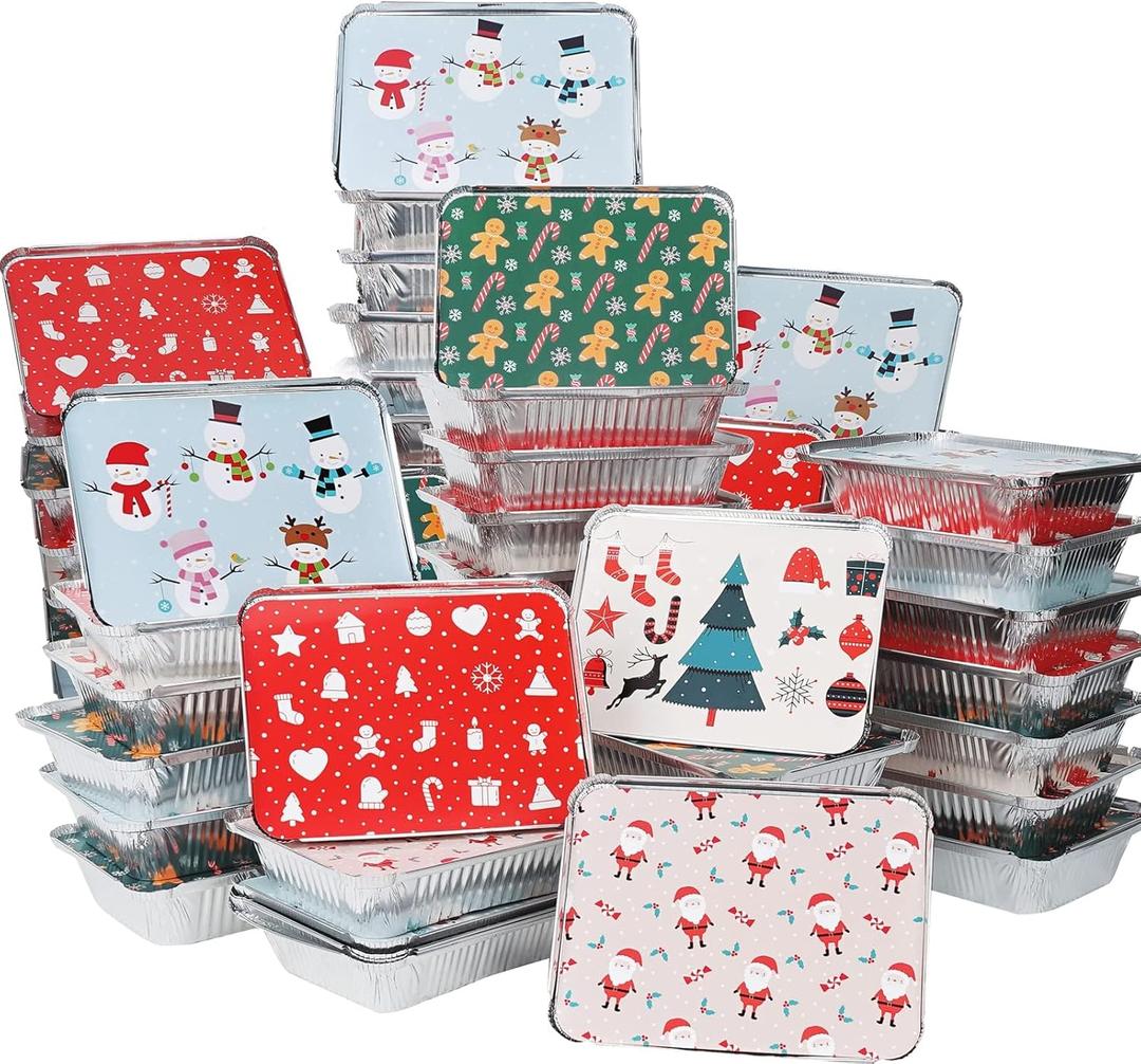 50 Pack Christmas Cookie Tins with Lids - 2.25LB Aluminum Food Containers Disposable, 5 Holiday Print Designs, Tin Foil Containers for Holiday Leftovers Container or Cookie Exchange, 8.5"x 6"