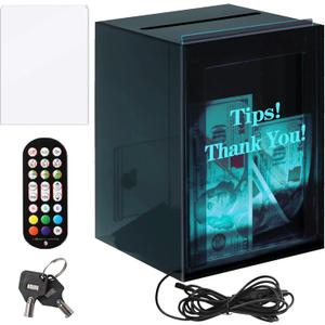 WNJ Tip Jar With Led Light & Lock, Donation Box With 2 Sign Holders - ''Tips! Thank You!'', Suggestion Box With Diy Blank Sign Holder For Taking Cards,Polls,And Ballots For Bar,Party,Fundraiser Items, Dark Gray