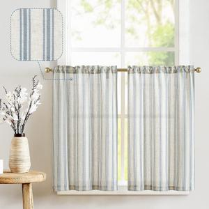 jinchan Striped Linen Kitchen Curtains 36 Inch Cafe Tier Curtains Balanced Stripe Farmhouse Small Drapes for Bathroom Laundry Over Sink Half Window Light Filtering 2 Panels Blue on Linen