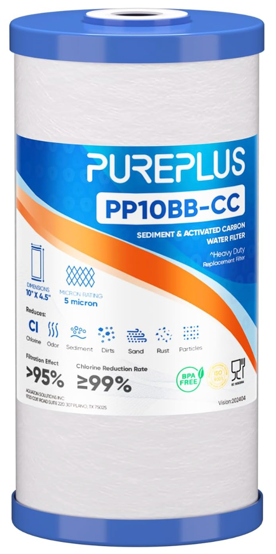 PUREPLUS 5 Micron 10"x4.5" Whole House Sediment & Carbon Water Filter,1PACK PP10BB-CC Replacement Cartridge for GE FXHTC,GXWH40L,GXWH35F,GNWH38S,Culligan RFC-BBSA,WRC25HD,Pentek RFC-BB
