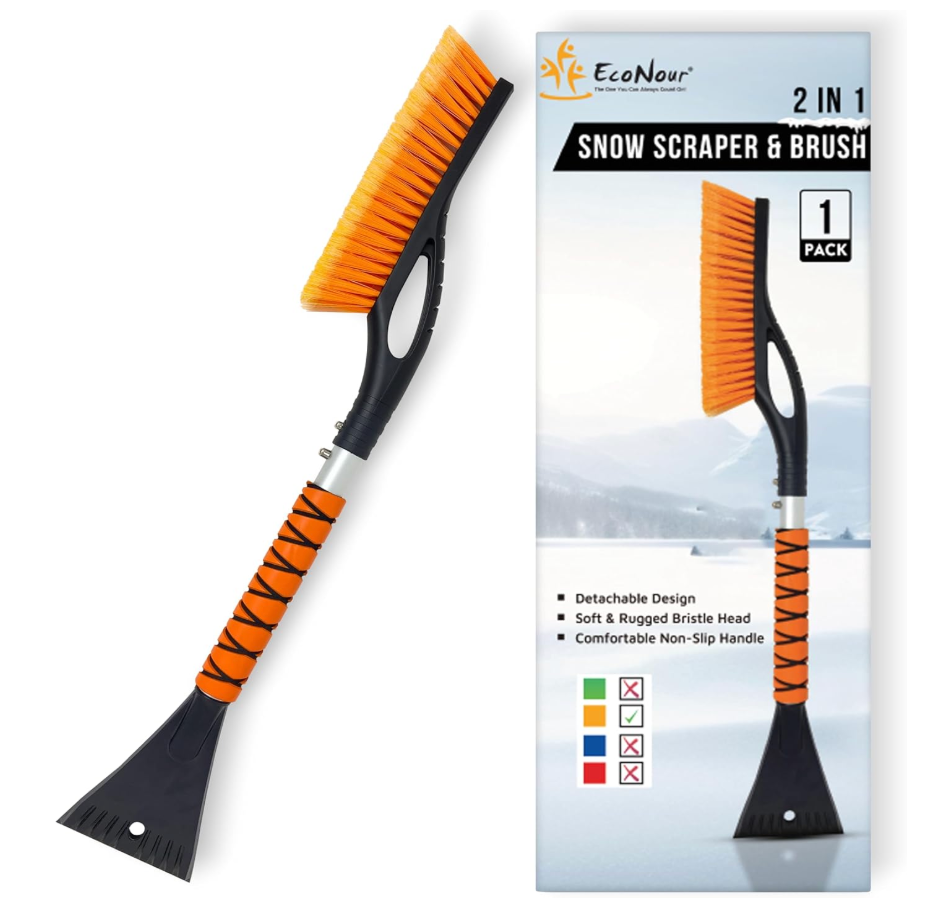 EcoNour 27" Aluminum Ice Scrapers for Car Windshield | Car Snow Scraper Window and Snow Brush with Ergonomic Foam Grip Winter Accessories (Orange)