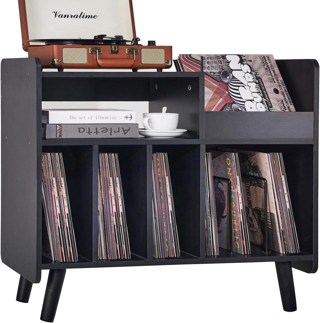 Record Player Stand, Large Record Player Table Cabinet with Open Vinyl Storage and Display Shelf Holds up to 350 Albums, Mid Century Wood Turntable for Living room (Black)