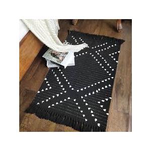 Boho Kitchen Rug 2'x3' Small Bathroom Rug with Tassels,Black Cotton Farmhouse Bath Mat Woven Cute Geometric Throw Rug Washable for Entry Hallway Sink Bedroom Living Room Indoor Outdoor Decor