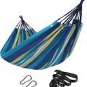 SONGMICS Double Hammock, 98.4 x 59.1 Inches, 660 lb Load Capacity, with Hanging Straps, Carabiners, Carry Bag, for Garden, Outdoor, Camping, Blue and Yellow Stripes UGDC15YU