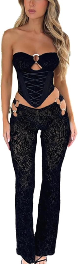 Womens Sexy 2 Piece Outfits Lace Up Band Top Ring Cutout Long Pants Sexy Club Sets (Medium, Black)
