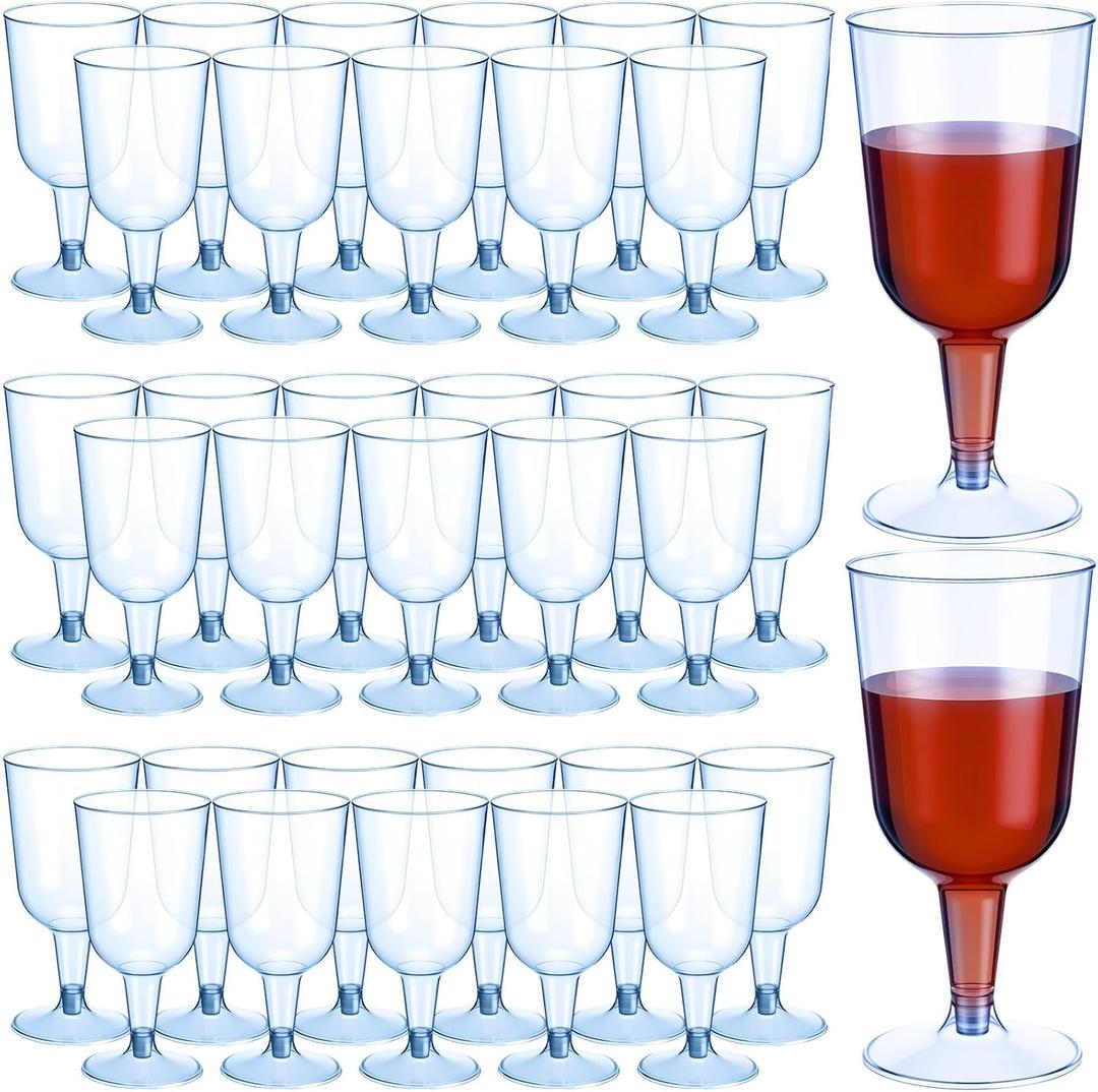 Meanplan 100 Pcs Plastic Wine Glasses with Stem 6oz Plastic Wine Cups for Parties Disposable Stackable, Wedding Picnics (Simple Style,Blue)