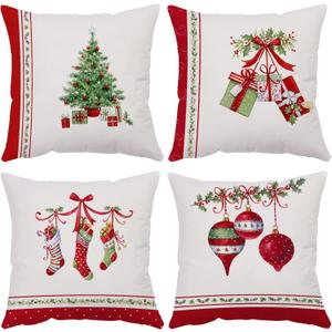 YeeJu Set of 4 Merry Christmas Decorative Throw Pillow Covers Winter Holiday Xmas Velvet Pillow Cases Christmas Trees Socks Cushion Covers Outdoor Sofa and Home Decor Pillow Protectors 22x22 Inch