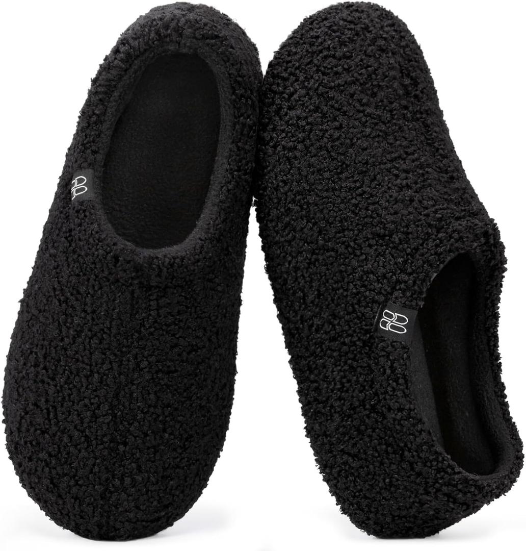 HomeTop Women's Fuzzy Curly Fur Memory Foam Loafer Slippers with Polar Fleece Lining (5-6, Black)