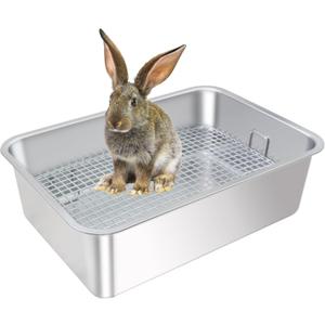 Large Stainless Steel Rabbit Litter Box,Bunny Litter Pan with Widened Grid,Toilet Tray,High Back Wall,Deep Waste Storage (Large)