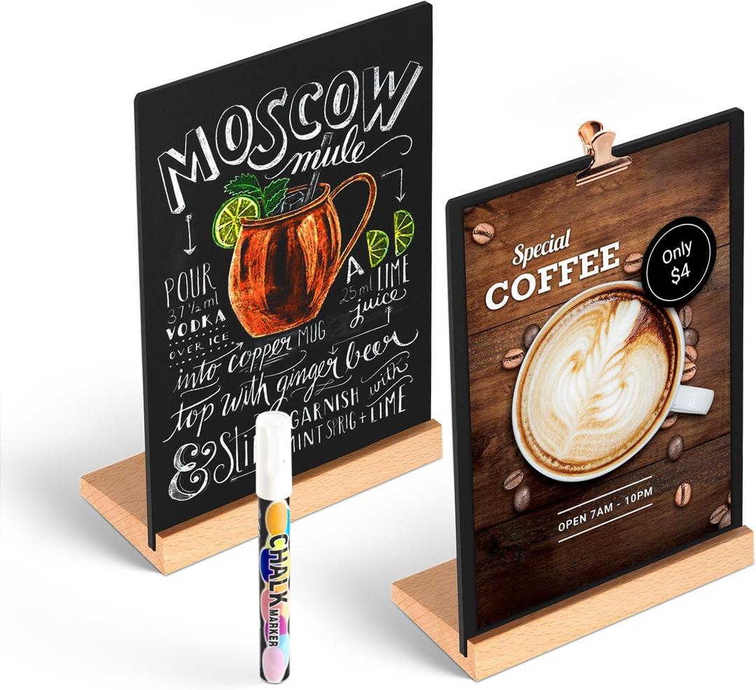 Tabletop Chalkboard with Wood Stand - 2 Pack, 6 x 8 Inch Double Sided Blackboard Food Signs Menu Message Boards for Coffee Bar, Lemonade Stand, Party Decoration - Slant Back