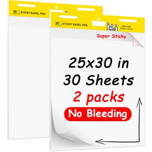 Super Sticky Easel Pad,25 in x 30 in Self Stick Flip Chart Paper,30 Sheets/Pad,2 Pad/Pack,Large White Premium Anchor Chart Paper,Easel Paper for Teachers,Businessmen,Office Workers