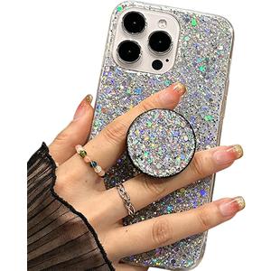 Case for iPhone 16 Pro Max Case Glitter Bling for Women Girls Sparkle Cover, with Ring Stand Holder Protective Case 6.9 inch (Silver)