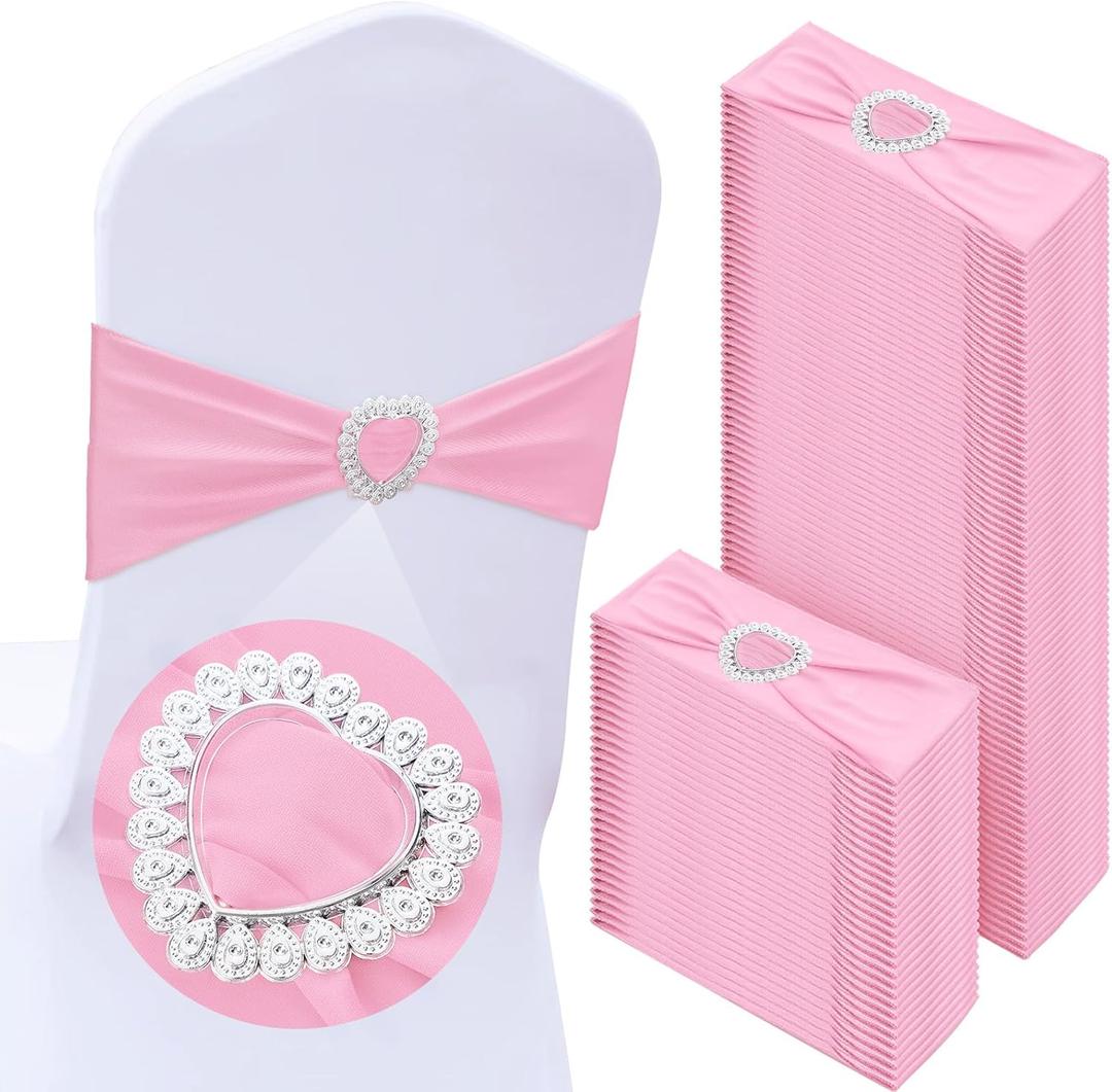 150 Pcs Spandex Chair Sashes Bows Stretch Chair Cover Band with Heart Shaped Buckle Universal Elastic Ties for Wedding Banquet Event Party Decoration(Pink)