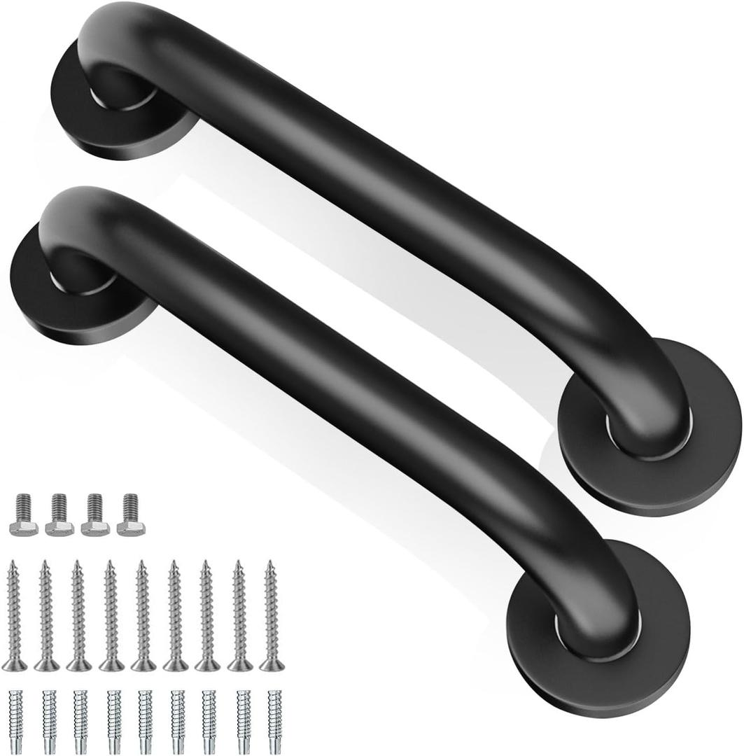 Shower Grab Bars, 2 Pack 12 Inch Heavy Duty Non-Slip Bathroom Grab Bars, 1.25" Diameter Bathroom Safety Handle for Elderly, Handicap Assist Grab Bar for Bathtub/Shower/Toilet, Black