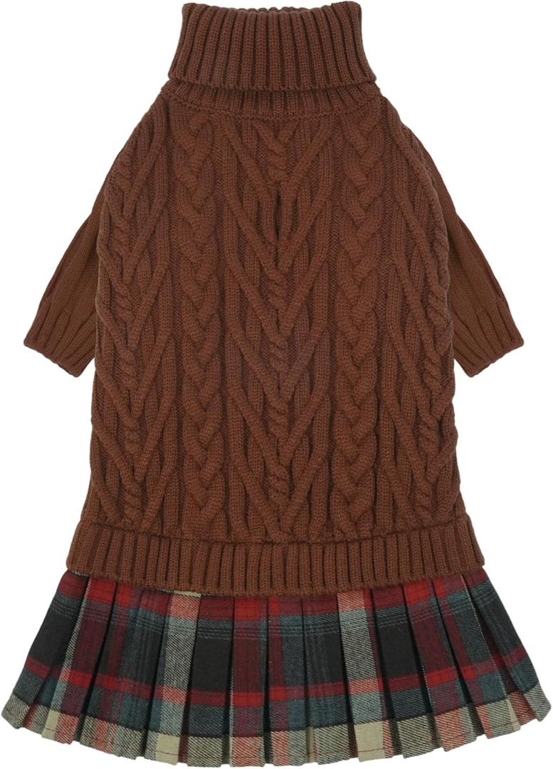 IECOii Girl Dog Sweater Dress - Cable Knit Dog Sweater for Small Dogs Girl - Caramel,Medium, Turtleneck Pullover Sweaters with Tartan Plaid Skirt, Adorable Warm Dog Knitted Dress for Christmas (Medium(Chest:17.32 in/44 cm))