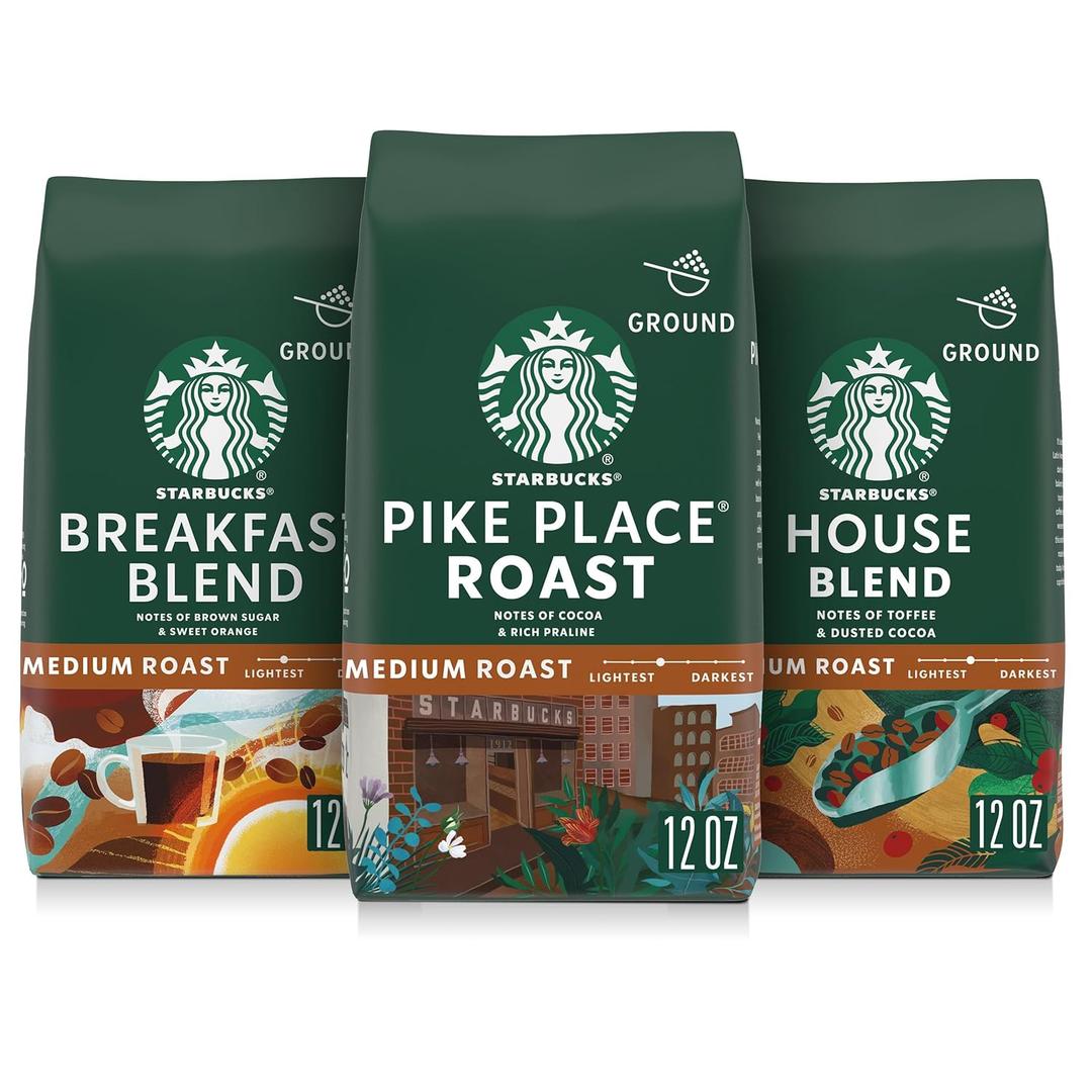 Starbucks Ground Coffee, Medium Roast Hot or Iced Coffee, Variety Pack, Three 12 oz Bags (EXP 09/20/26)