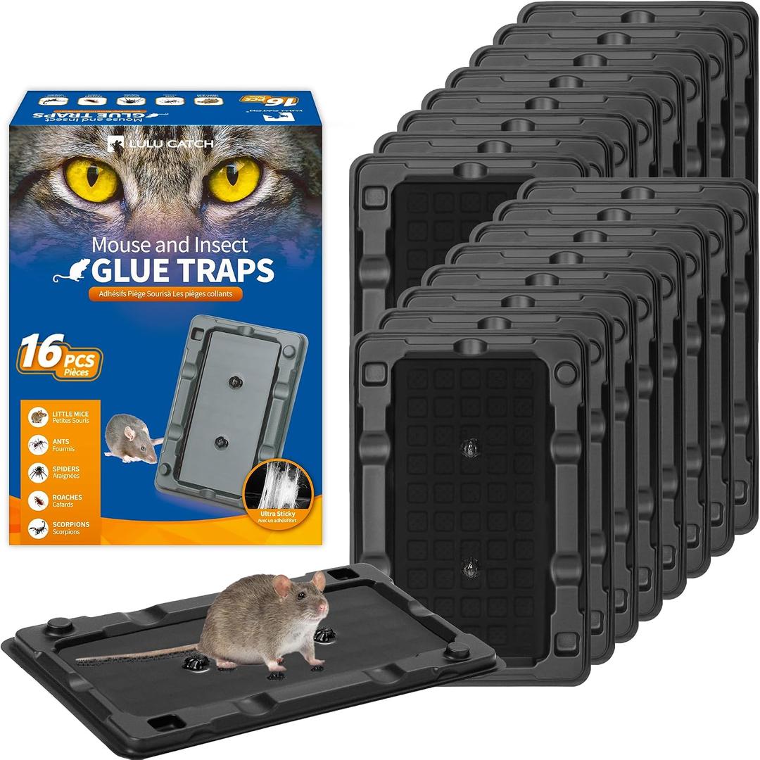 LULUCATCH Mouse Traps, 16 Pack Sticky Mouse Traps Indoor for Home, Pre-Baited Non-Toxic Bulk Glue Traps for Rats, Mice, Roach, Lizards, Pet Safe for Home & Garage, Easy to Use