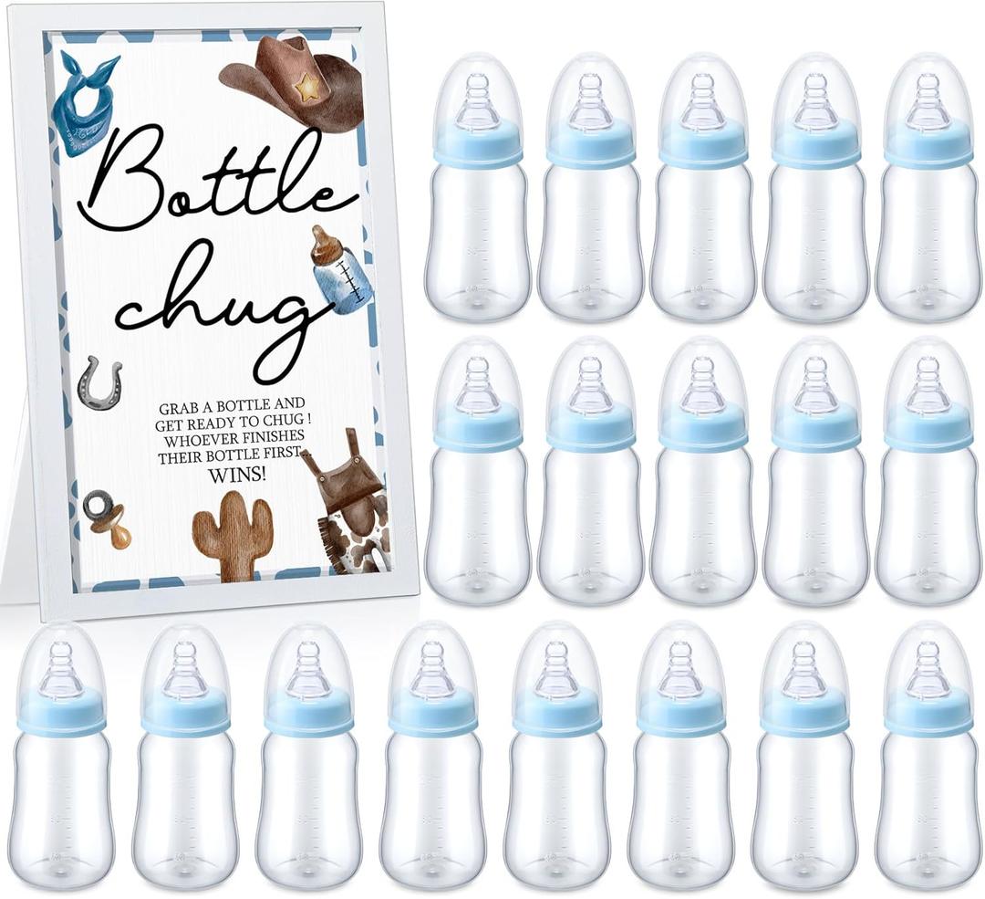 Roowest Bottle Chug Baby Shower Game Sign Wooden Game Table Decor 18 Pcs Baby Bottles 120 ml Mini Milk Bottles Baby Bottles for Baby Shower Game Gender Reveal Party (Blue,Cowboy)
