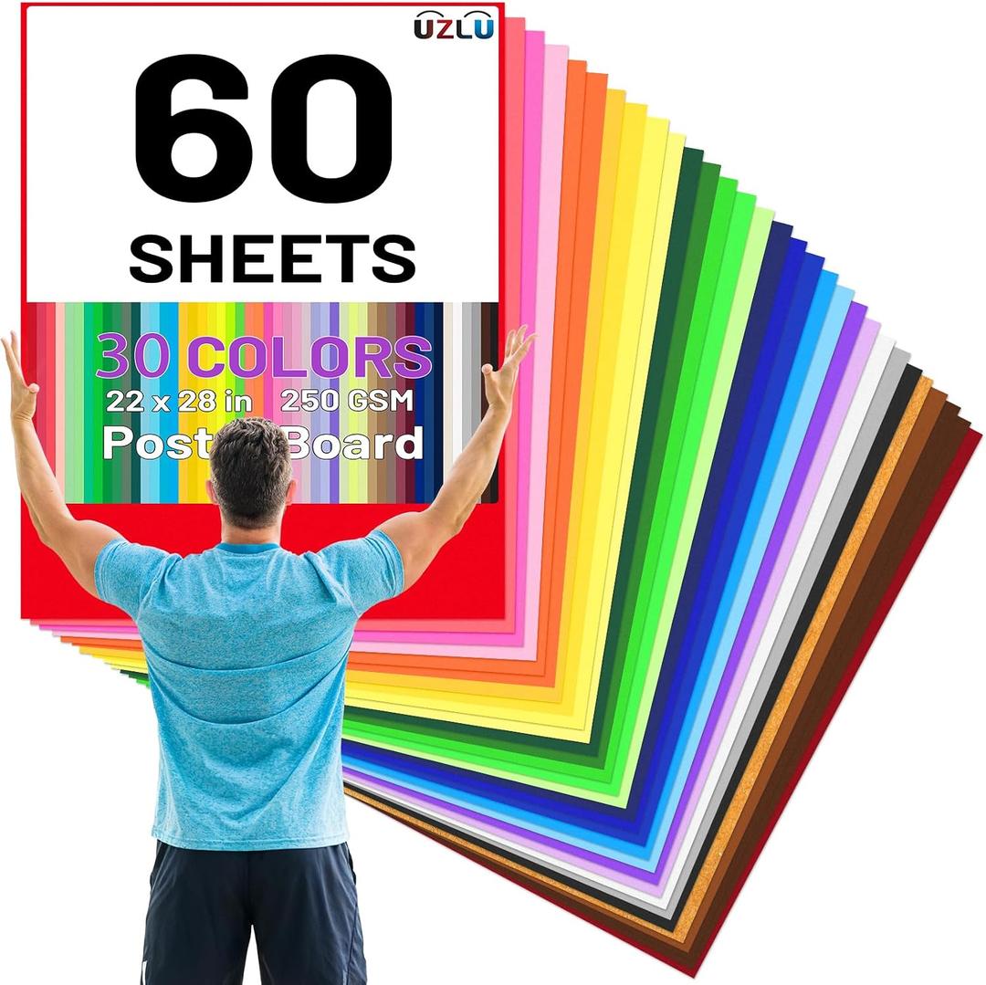 60 Pack 22 x 28 In 30 Colors Large Poster Board Colored Posterboard Paper Bulk 250 GSM Thickness Cardstock Blank Vision Boards for School Drawing Craft Projects DIY Party Display Supplies, 22 x 28 in-60 sheets