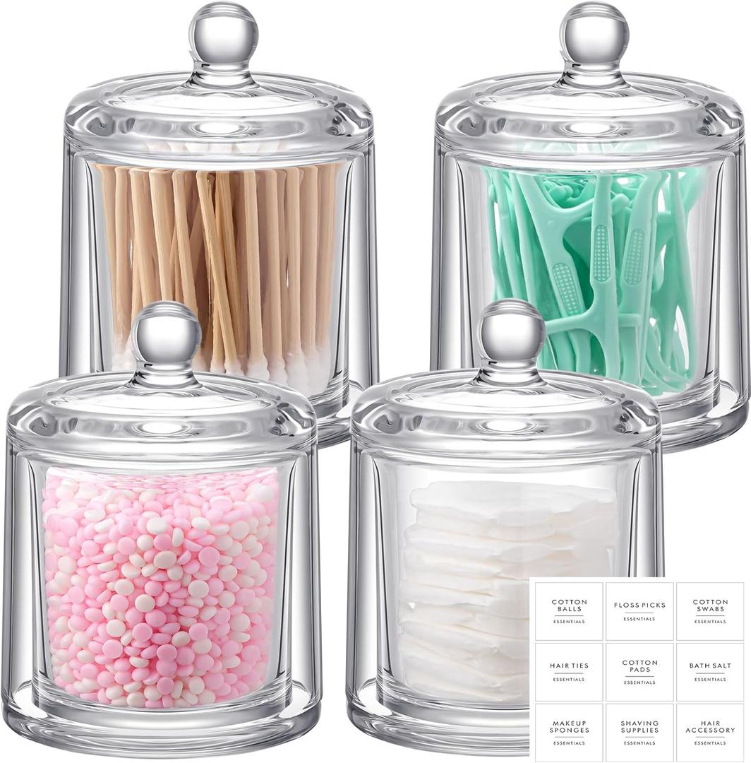 Maxdot 4 Pack Qtip Dispenser Apothecary Jars with Lids and Labels Glass Qtip Holder Storage Qtip Container Bathroom Organizers and Storage for Cotton Ball, Swabs, Makeup Sponges, Candy, Jewelry, Clear