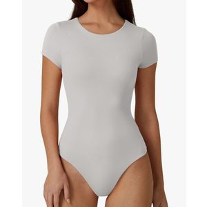 QINSEN Women's Crew Neck Short Sleeve Bodysuit Double Lined Body Suits Basic T-shirt Tops , Size S