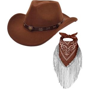 Cowboy Hat with Fringed Bandana Set for Women Wide Brim Western Cowgirl Hat Paisley Head Wrap Scarf