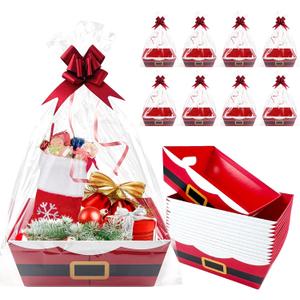 30 Pcs 10 Pack Christmas Baskets for Gifts Empty 8.5" x 10" with Xmas Pull Bows Clear Present Bags, Red Santa Claus Belt Empty Gift Baskets Kit To Fill for Winter Christmas Holiday Party Favors