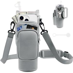 Water Bottle Carrier Bag with Phone Pocket for Stanley Cup 40/30 oz, Water Bottle Holder with Adjustable Strap& Straw Cover, Stanley Cup Accessories (04 Grey)