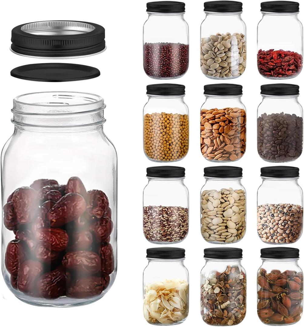 Novelinks 32 OZ Clear Plastic Mason Jars with Airtight Lids - Mason Jars for Kitchen & Household Storage (12 PACK, Black)