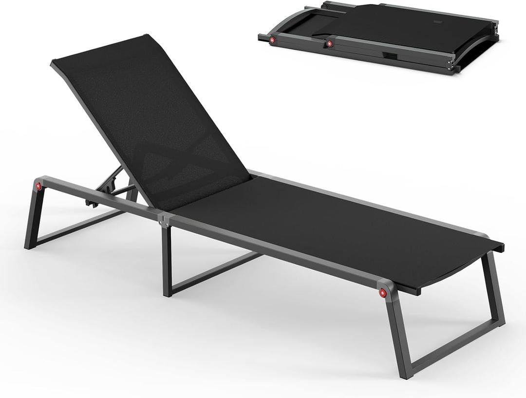 Aluminum Chaise Lounge Chair Outdoor, Foldable & Assembly Free Patio Pool Lounge Chairs 5-Position Recliner for Outside Poolside, Fully Grounded Legs Sun Lounger for Beach, Yard, Black, 1 Pack