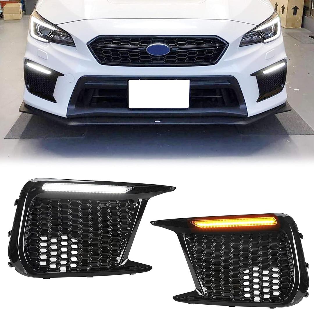 ECOTRIC LED Fog Lights Compatible with 2018-2021 Subaru WRX STI White DRL Daytime Running Light & Amber Turn Signal Fog Lights Lamp Cover Bezels Replacement for 57731VA410 57731VA400