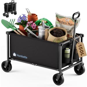 Collapsible Wagon Cart with Wheels, 150L Lightweight Foldable Utility Cart, Portable Rolling Wagon for Garden, Shopping, Sports, Camping, Transport, Black