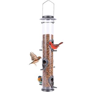 MIXXIDEA Metal Wild Bird Feeder, Squirrel Proof, Hanging 6 Port Tube Transparent Finch Feeder for Attracting Birds in Lawn, Garden, Balcony - Gray MIXXIDEA Metal Wild Bird Feeder, Squirrel Proof, Hanging 6 Port Tube Transparent Finch Feeder for Attracting Birds in Lawn, Garden, Balcony - Gray