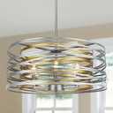 ACNKTZ 23.6'' Large Vintage Round Chandelier, 6-Light Modern Farmhouse Lantern Chandelier, Antique Double Drum Chandelier for Dining Room Entryway Kitchen Island Foyer, Silver with Gold Interior