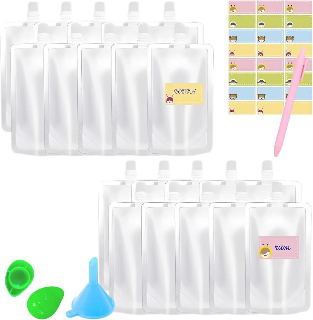 20 Pack 8OZ Plastic Flask Kit for Cruise, Reusable Liquor Bags with 24 Marks, 1 Funnel, 1 Leakproof Cap Tightener & Pen, BPA-Free Travel Juice Containers for Concerts, Sports, Events