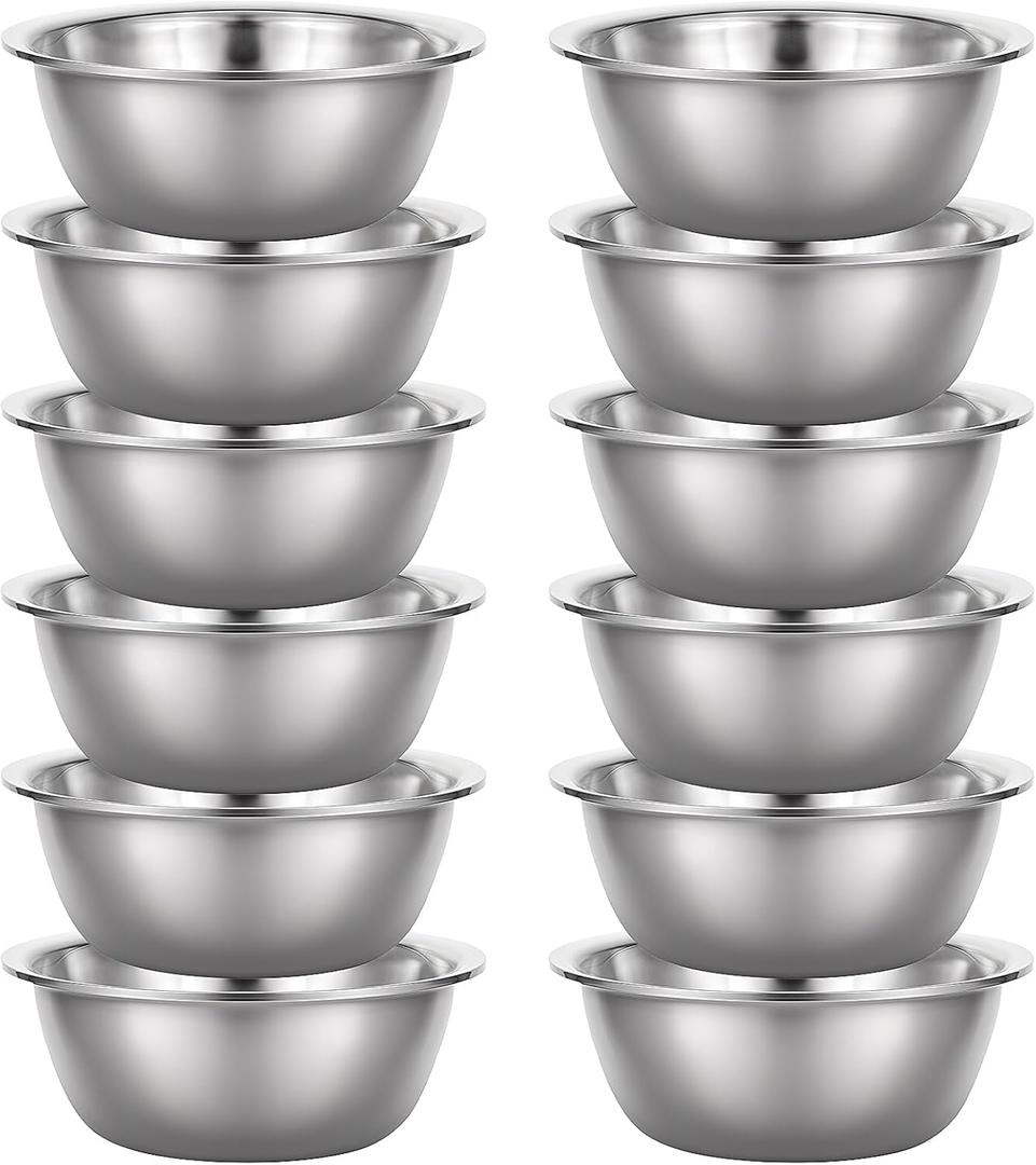Set of 12 Stainless Steel Mixing Bowls, Nesting Metal Prep Salad Bowl Bulk Kitchen Large Reusable Baking Food Container for Hotel Restaurant Home Cooking, Silver(8.66 x 3 Inch)