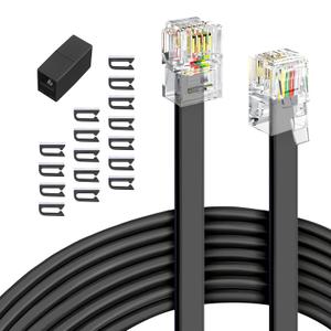 MoeverEX Phone Extension Cord 25 Ft, Telephone Cable with Standard RJ11 Plug and 1 in-Line Couplers and 20 Cable Clip Holders, Black