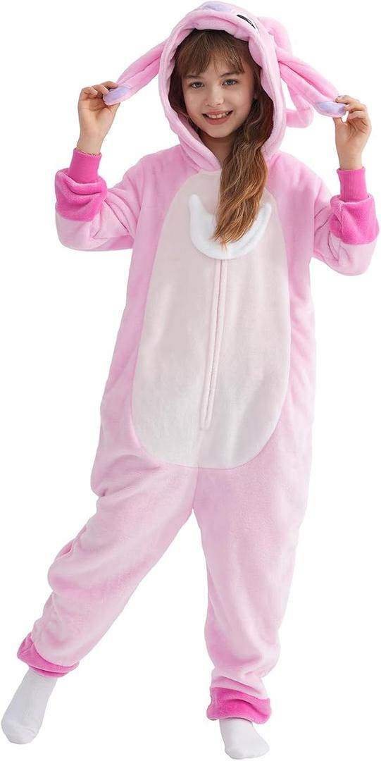 Halloween Christmas Unisex Kids Flannel Cosplay Onesie Costume Outfit Suit for Girls and Boys (US, Age, 8 Years, Pink Stitch)