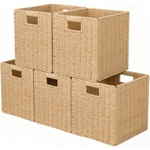 10.5x10.5'' Cube Storage Baskets, Set of 5 Natural Paper Rope Multipurpose Collapsible Organizers, Woven Laundry Totes for Laundry, Storage Cubes,Wicker Baskets Laundry Organizer Totes for Home