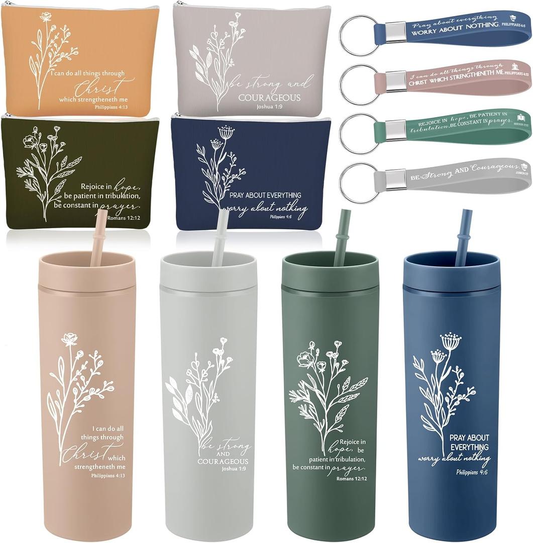 Fumete 4 Set Christian Gifts for Women Men 16oz Bible Verse Skinny Cup Religious Makeup Cosmetic Bag Inspirational Silicone Keychain Christian Fathers Day Gifts for Church(Classic Color)