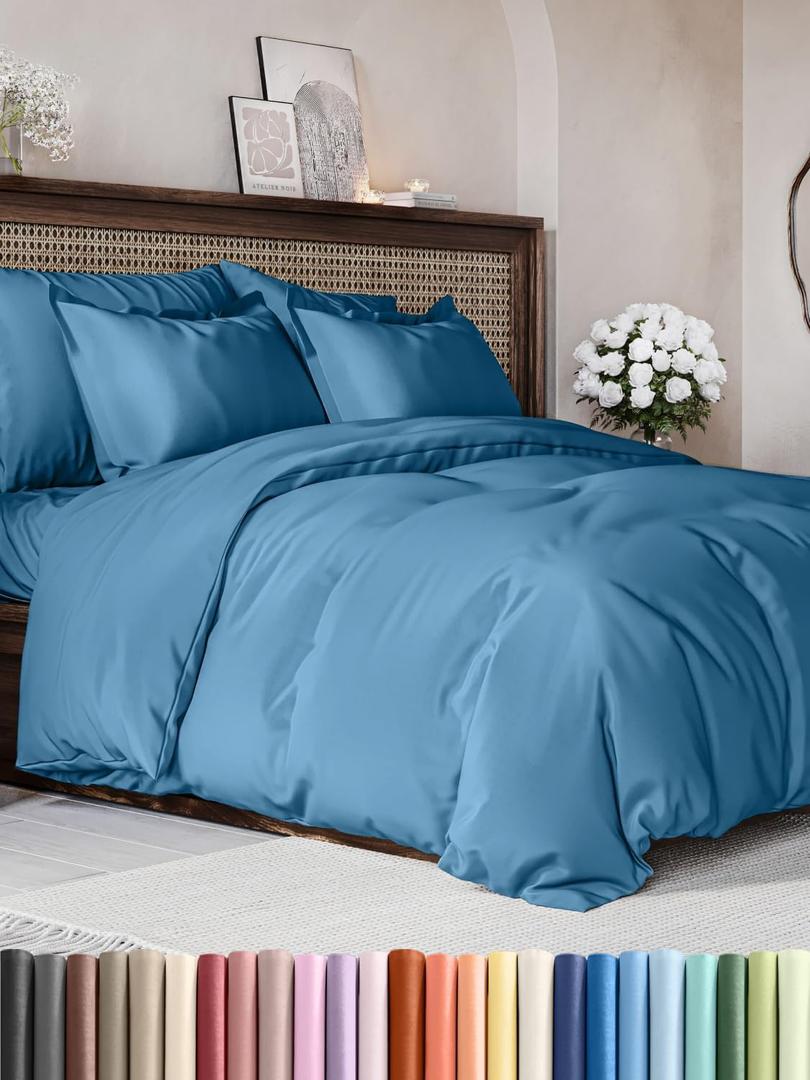 Duvet Cover Full Size Set - Extra Soft Full Duvet Cover 80" x 90" with 2 Pillow Shams - Hotel Luxury, Easy Care & Fade Free w/ Zipper Closures & Ties - All Season, Comfy and Breathable (Denim Blue)