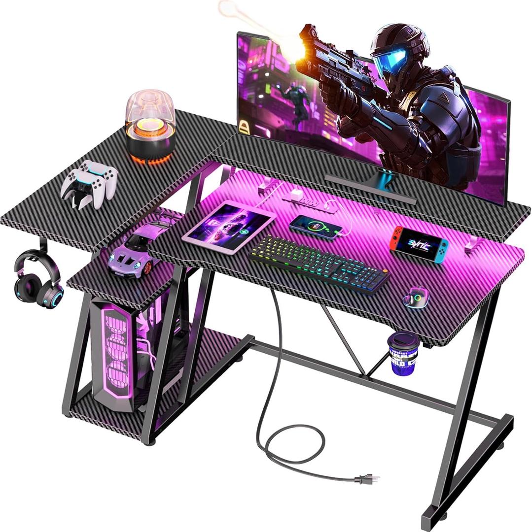 40 Inch Gaming Desk with Power Outlet & LED Lights, L Shaped Computer Gaming Table with 3 Tiers Storage Shelves, Corner Gamer Desk with Monitor Stand for Small Space, Carbon Fiber Black
