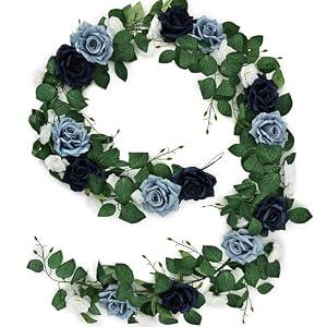 DIYDOFUN Artificial Rose Garlands, 5.9 FT Flower Floral Vine for Wedding Arch Aisle Mantle Table Runner Centerpieces Backdrop Patio Decorations - Navy & Dusty Blue