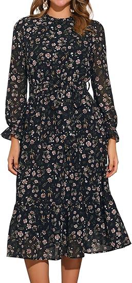 Allegra K Fall Casual Floral Dress for Women 2025 Long Sleeve Crew Neck Chiffon Midi Tea Party Ruffle Dresses , Medium