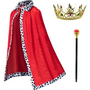 King Costume for Kids Robe Crown Scepter Set Boys Royal Prince Cape Dress Up Cosplay (One Size)