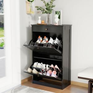 FTZxHKLX Shoe Cabinet with 2 Flip Drawers, Slim Freestanding Hidden Shoe Organizer with Drawer, Pet-Proof Shoe Storage Cabinet for Entryway Living Room Behind The Door, Black, 1pcs