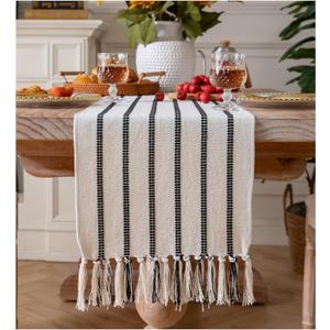 Caflife Boho Table Runner 72 Inchs Long Black and Beige, Cotton and Linen Woven with Tassels, for Modern Rustic Farmhouse Neutral Table Runners, Bohemian Kitchen Dining Table Home Decor