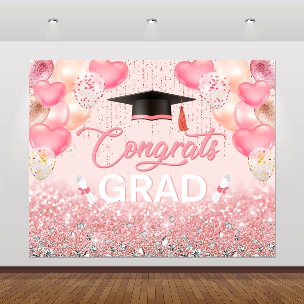 Graduation Backdrop 10x8ft Pink Congratulations Graduate Banner Congrats Grad Backdrop Class of 2025 Party Decorations Congratulate Graduation Prom Party Background