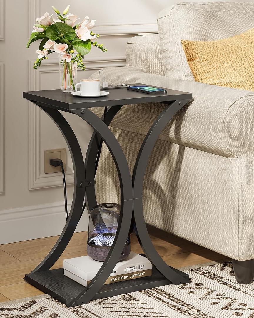 CHOEZON End Table with Charging Station, 2-Tier Modern Side Table, Nightstand with Storage Shelf, for Small Spaces, for Living Room, Bedroom, Black TBZ20UBB, 15.7"L x 11"W x 23.6"H