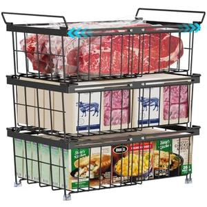 iSPECLE 3 Pack Freezer Organizer Bins - Fit 10 to 20 Cu.Ft Deep Freezer, Expandable Wire Storage Chest Freezer Baskets for Frozen Food, Stackable with Handles, Black